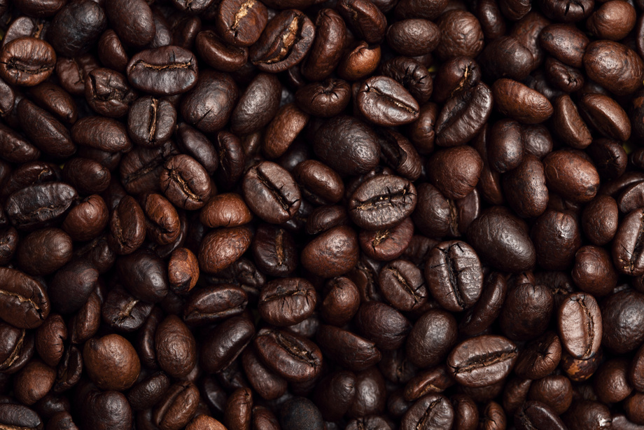 Roasted coffee beans. Top view.